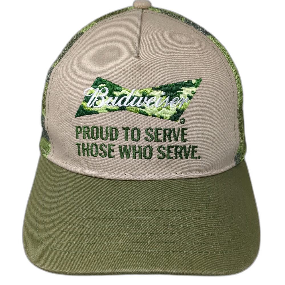 Budweiser Trucker Hat Beige Green One Size Snapback Camo Bowtie Proud To Serve